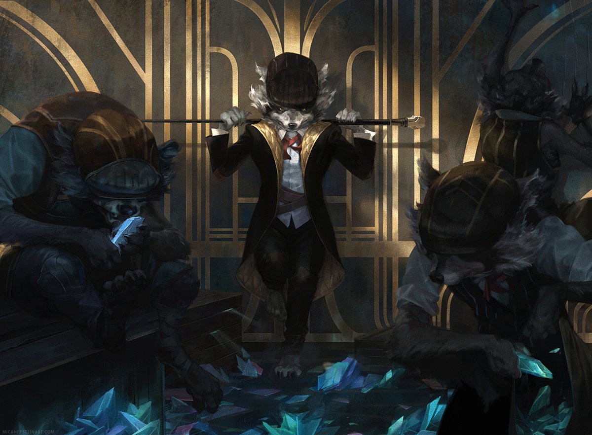 In honor of my recent brush with rabies (I'm fine now), I present one of the weirdest and most weirdly-fun MtG cards I've ever painted: "Masked Bandits," painted last year for <a href="/wizards_magic/">Magic: The Gathering</a>'s New Capenna. Kubrickian, Art-Deco Raccoons; nothing else need be said.