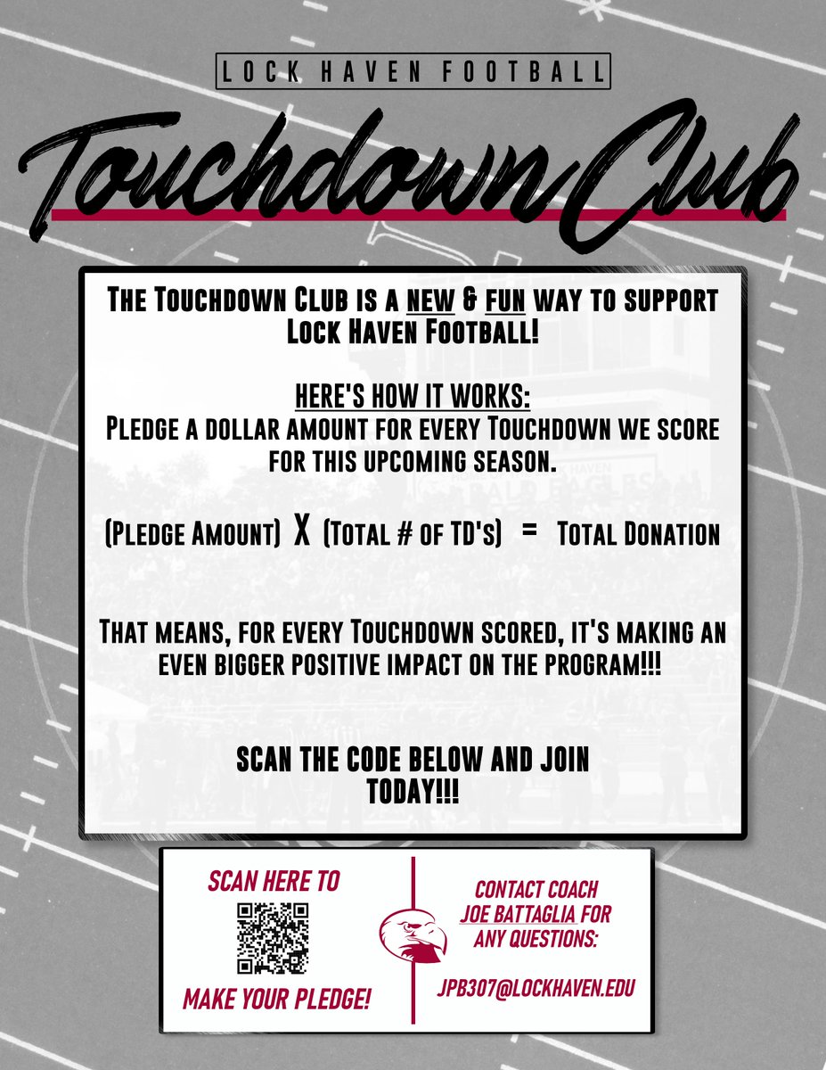 It's Touchdown Club Tuesday! If you haven't already, make sure to join in on this new way to support Lock Haven Football!!! Click the link below to join TODAY and share with all of HAVEN NATION: golhu.com/sports/2022/5/… #LockedIn🔒🦅