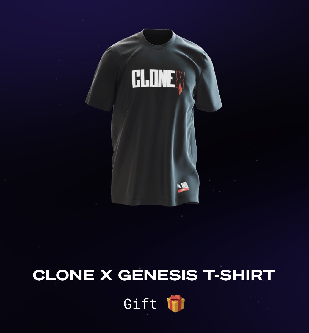 pisuke_nft's tweet photo. このフリーのCloneX Genesis Tシャツは3枚もいらないから、1枚はわざわざフォローしてくれてる方に感謝のgiveaway🎁しようかな。
需要ありそうであれば、明日mint後（ちゃんと NFT手に入ってから）アナウンスします😊 https://t.co/B7d9N3Hspz