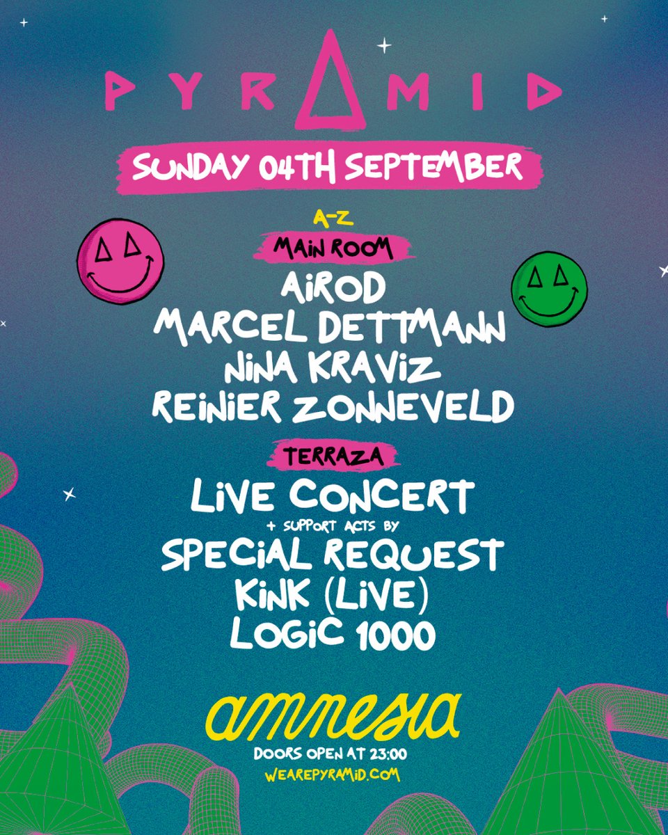 Amnesia_Ibiza's tweet photo. Pyramid Ibiza this Sunday September 4th is set to be one of the biggest yet 💥 Don't miss this very special edition 🔥

👉 Doors open at 11PM

🎟️ Get your tickets: https://t.co/5wwwDT3pRv

#amnesiaibiza #pyramidibiza #wearepyramid #ibiza2022 #ibiza https://t.co/OjCyZfcs9V