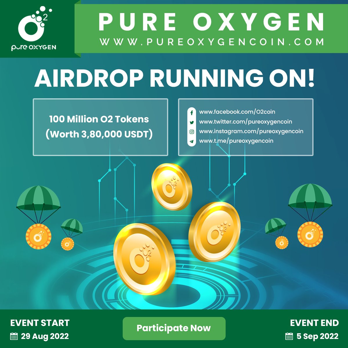 pureoxygencoin's tweet photo. PURE OXYGEN #AIRDROP RUNNING ON🚀

Participate &amp; Win 100 Million O2 #Tokens (Worth 3,80,000 USD)

⏳Event End On 5 Sep 2022

Participate Now👇
https://t.co/bNMXQ7ja3q

#Airdrops #Giveaway #AirdropCrypto #crypto #cryptocurrency #Blockchain #Giveaways #BOUNTY #airdropalert #Cryptos https://t.co/XEVxBqD0VH
