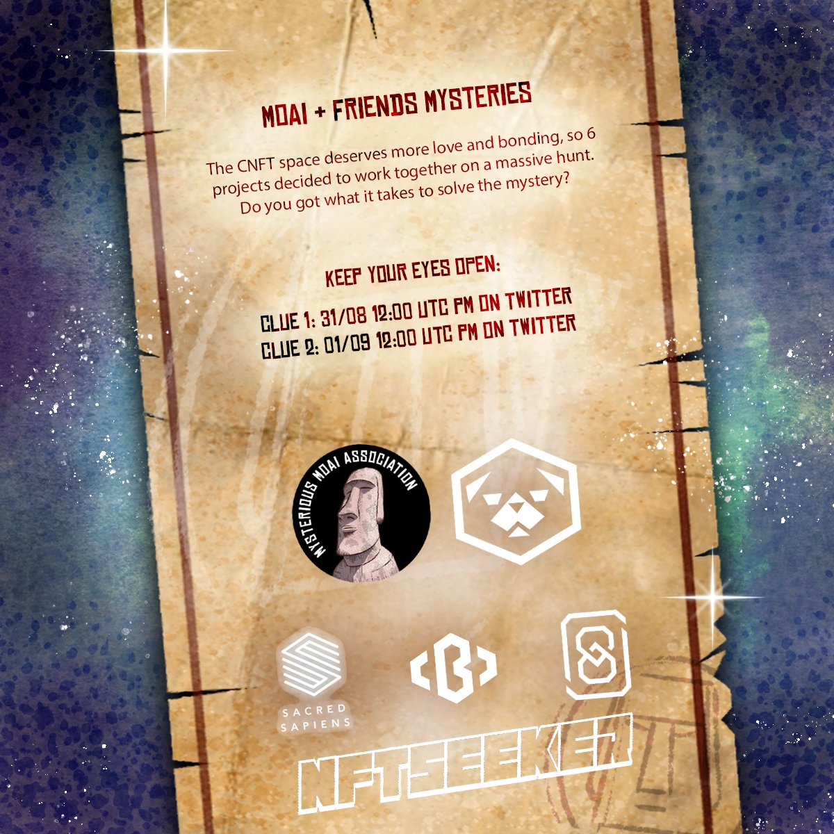 We have teamed up with multiple projects to deliver a great mysterious puzzle 🧩

Each project has 4 hidden words. Could be on Twitter, Discord Channels etc.

The participating projects are: @The_Block_Group @SacredSapiens <a href="/NFTSeeker21/">NFTSeeker</a> @PrototypeCNFT  @realspacepugs 

Good luck🗿