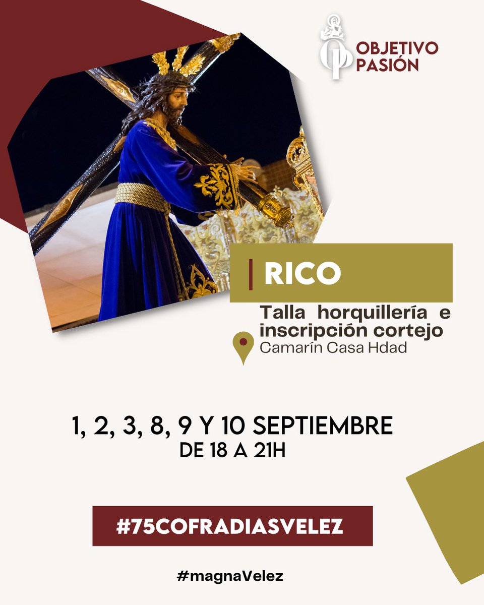 ObjetivoPasion's tweet photo. 🔴🟠 MAGNA VÉLEZ
A continuación las fechas de tallaje e inscripción del cortejo de diferentes Cofradías para la #MagnaVelez
 
@Resur_Estrella | @RicoyPiedad | @pollinicayrocio | @SentenciaVM 

¡¡Anímate a  participar en un día histórico para Vélez-Málaga!!
@75AgrupVelez https://t.co/yTZhw6y3bv