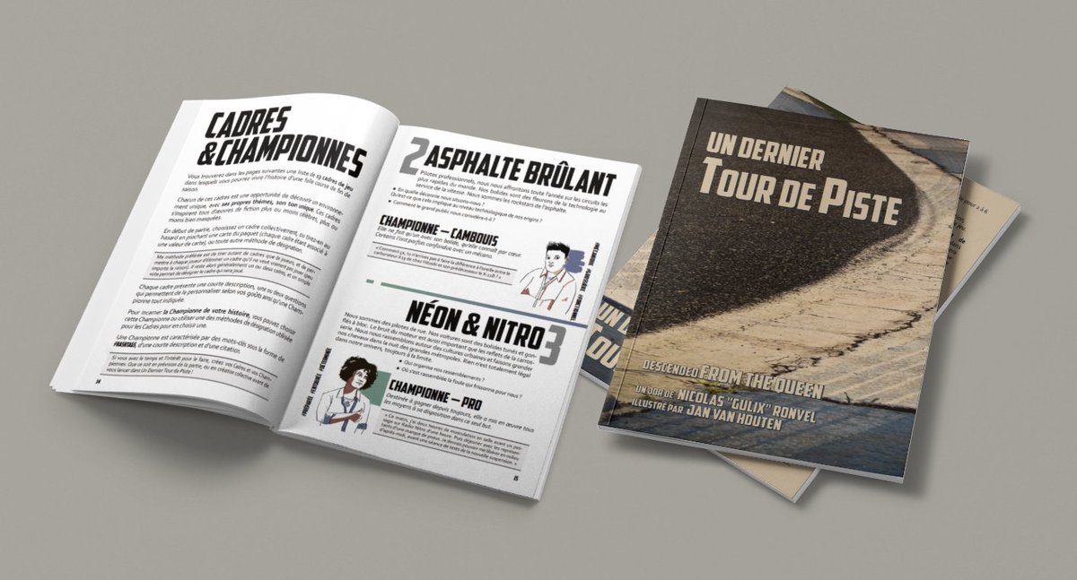 Gulix's tweet photo. Un Dernier Tour de Piste fait sa mue, et passe d'un jeu de cartes à imprimer/ couper à un livret de 24 pages, avec des illustrations de Championnes inédites par @JanVanHouten !
#JDR #DescendedFromTheQueen #DFTQ #Racing https://t.co/6jyMv5AFzL