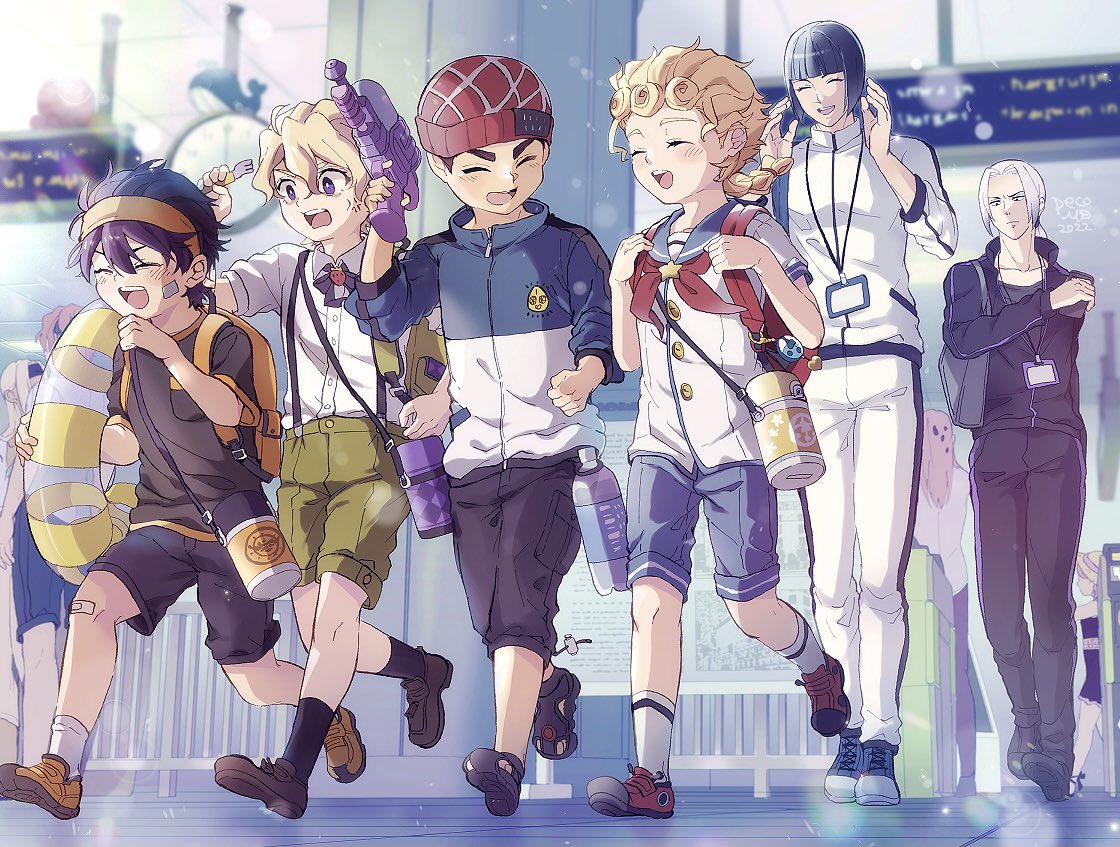 bruno bucciarati ,giorno giovanna ,guido mista ,narancia ghirga multiple boys 6+boys shorts blonde hair black hair hat water gun  illustration images