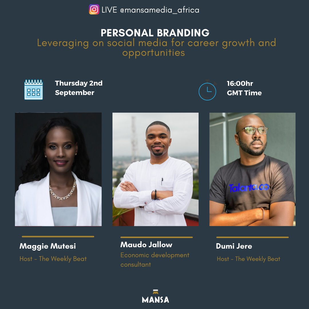mansa_media's tweet photo. Drumrolls! It is that time of the month again where #TheWeeklyBeat invite you to come join our monthly Instagram live. This month we bring you @maudojallow to discuss the opportunities social media brings for career growth and opportunities with @MaggieMutesi @Dumi_Jere https://t.co/nXUFFWAxiI