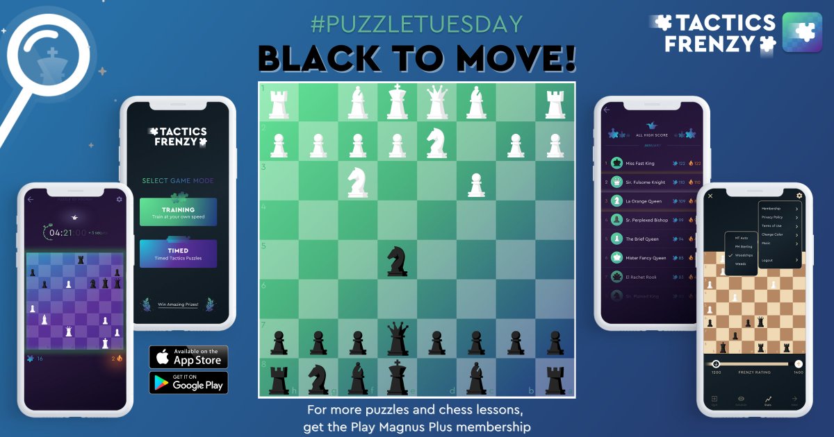 PlayMagnus's tweet photo. Happy #PuzzleTuesday 🔥 Can you spot the correct move?

Find the solution here ➡️ https://t.co/h6DEKU6Lcy 

📲 🖥 For more mind-expanding puzzles, become a Play Magnus Plus member at https://t.co/YRADg0wTK4 

#chess #puzzles #tacticsfrenzy #chessboard #chessmoves https://t.co/yEciUZ4YSa