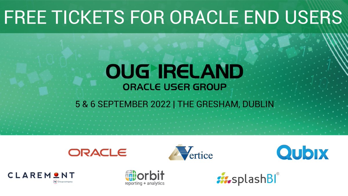 Thanks to the fantastic support of our #OUGIreland sponsors we are delighted to offer FREE passes for End Users at this event.

If you are an End User of Oracle products, use the discount code THEGRESHAM at checkout to secure your free pass.

Register: bit.ly/3Lr8gVO