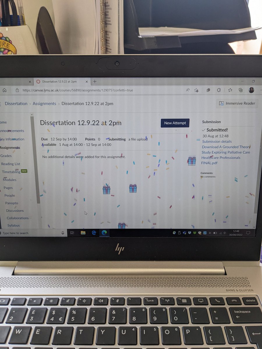 I don't quite know how I feel... Never did I expect to feel so many emotions when I hit that little submit button... Relief, fear, joy, excitement... Just to name a few! I do love the screen confetti though! 😃😬🎉😅 👩🏻‍🎓📝💻 #AcademicTwitter #Dissertation @LJMU_Health @LJMU_IHR