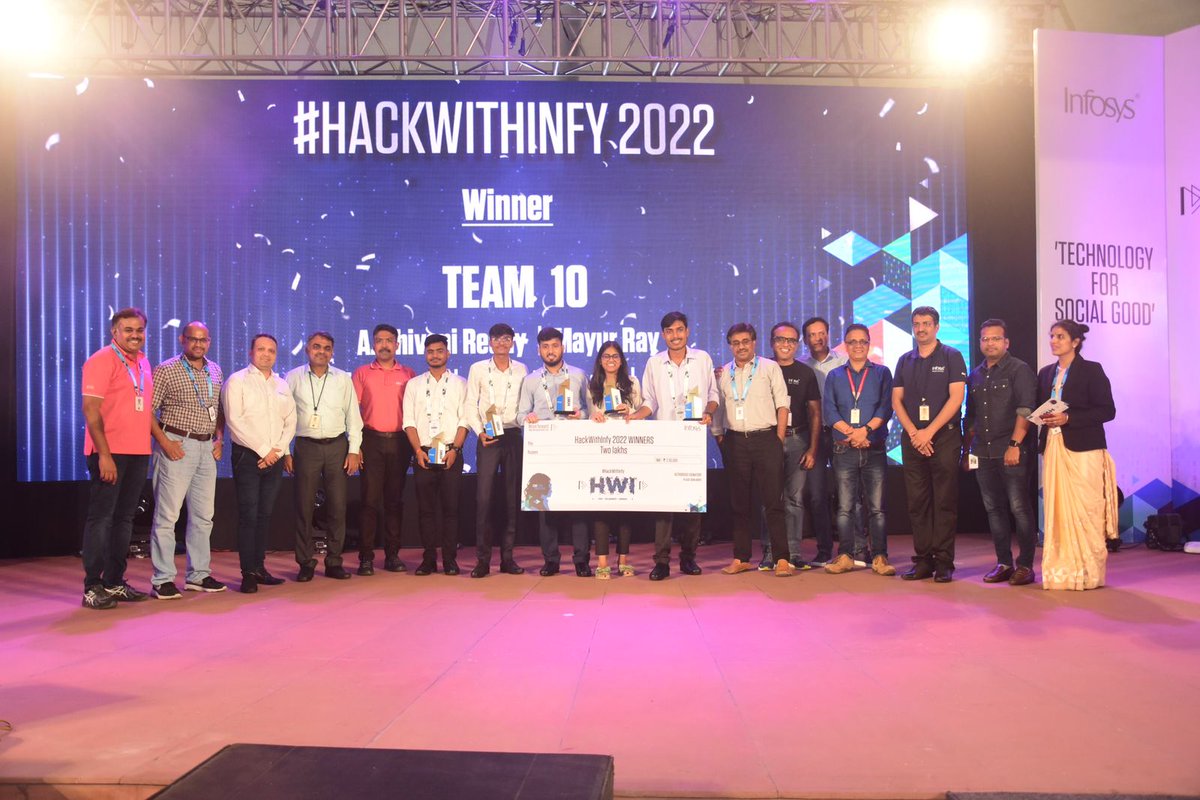 Infosys's tweet photo. The Grand Finale of the 5th edition of #HackWithInfy2022 drew to a fantastic close with winner announcement and performances ranging from stand-up comedy, dance performances and music night. #ForwardWithInfosys https://t.co/nOTI4J9rtD