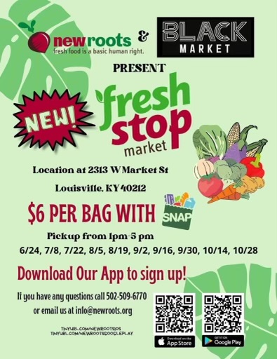 changelab_lou's tweet photo. Black Market KY &amp; New Roots present the #FreshStopMarket offering $6 bags of fresh food and they accept SNAP. The next market day is Friday, September 2. #HealthIsWealth #Louisville #ChangeLab https://t.co/SKMqRaWBut