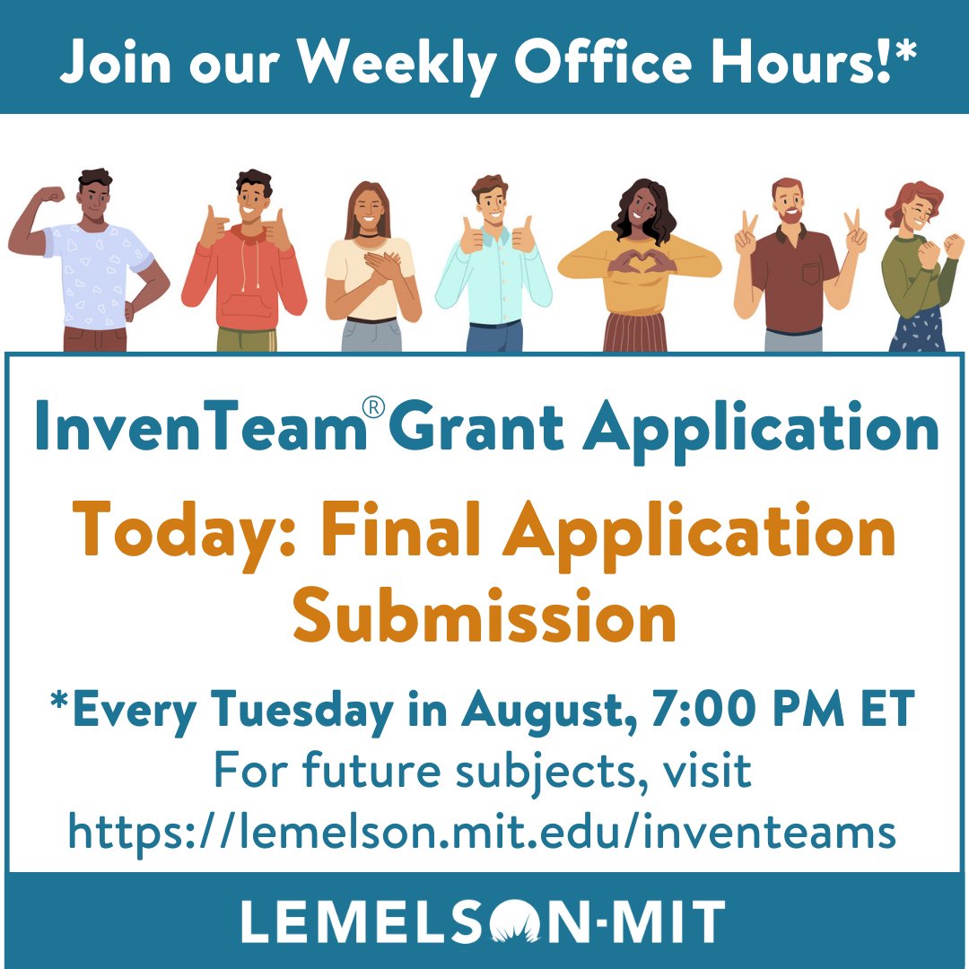 LemelsonMIT's tweet photo. InvenTeam Grant Applications due in ONE WEEK! Visit office hours for info &amp; questions.
Today,7:00PM ET; Get zoom link here: https://t.co/P8Sowbx9FR 

#inventioneducation #lemelson-mit #stemgrant #inventeams2023 #highschoolgrant https://t.co/SPyIHvKGq5