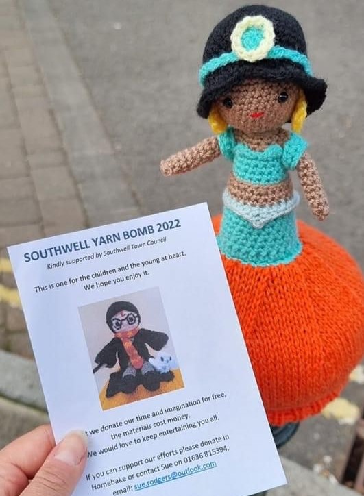 SouthwellTC's tweet photo. Southwell Yarn Bombers have been busy creating these fabolous bollard toppers.  Come to town and ceck them out! https://t.co/8bD3HyXdi1