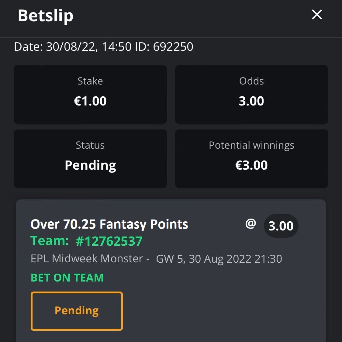Sunny_no's tweet image. For a few weeks now we have tested out our new `Bet On Your Fantasy Team` feature on @FanTeamOfficial. Another step in the direction of developing more markets and games towards Fantasy Points. Feedback appreciated!