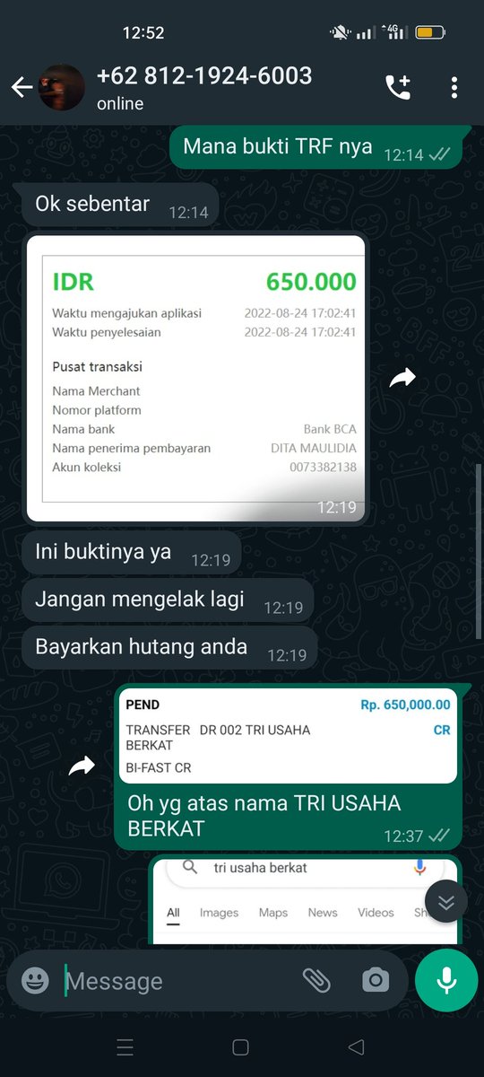 MbakProyek's tweet photo. ((TREAD KE 2)) hari ini saya di tagih oleh pinjol ilegal "BAHAGIA LOAN" dept collector nya mengancam. Saya bingung kok gak pinjam ada tagihan, lalu saya suru kirim bukti TRF nya. Ternyata benar yg kirim nyasar 650K itu adalah PINJOL ILEGAL APLIKASI BAHAGIA LOAN. https://t.co/NyAHimPFV0
