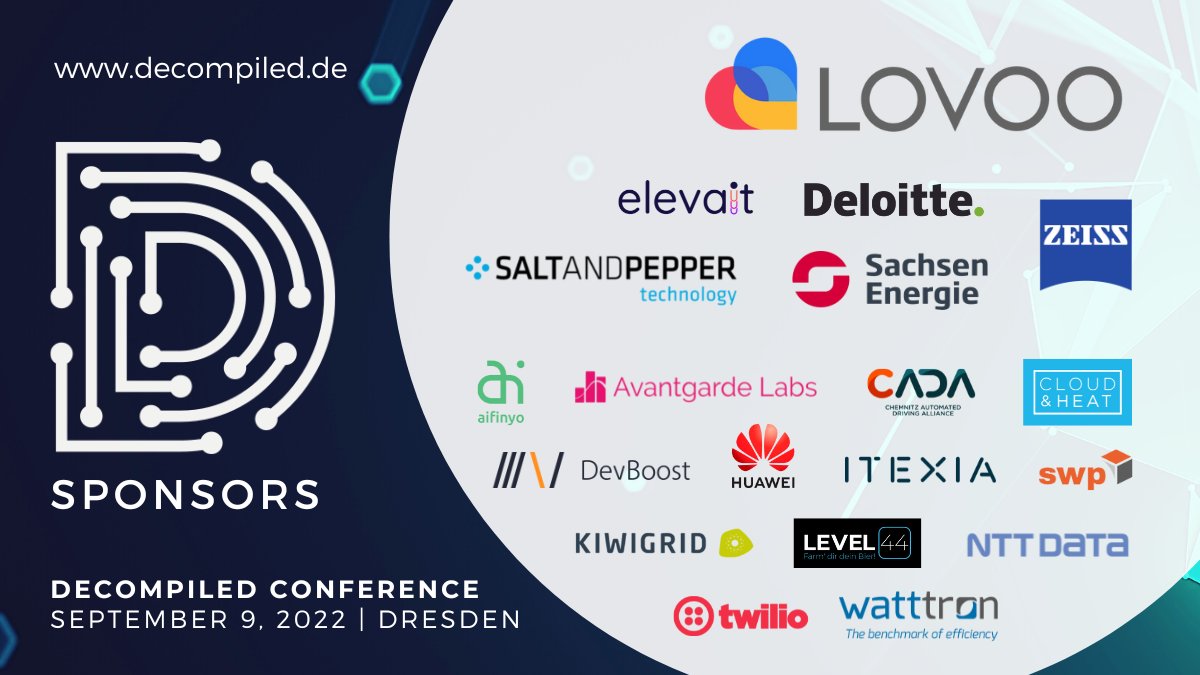 It’s almost September! Which means, we only have a few days left until #DecompileD22 🚀

So many companies are supporting our event this year 🤩 We are glad to have you on board – a huge thanks to all of you! You rock 🙌

Come and meet them in person 👉 bit.ly/3yEQqsU