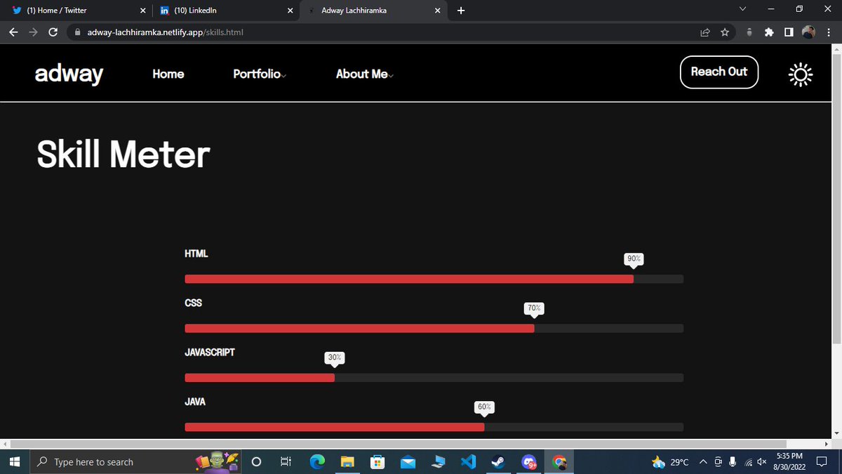 Adwayyyyy's tweet photo. Day#10

Today,

-I completed my portfolio website by adding the left out components.
-Also made the dark mode toggle better by using cookies
Have a look at my website
https://t.co/c5OITo7ivo
✌️✌️
#CodeChallenge #100daysofcode #webdesign #WebDevelopment #javascript #html #css https://t.co/PAuoPGDSQZ