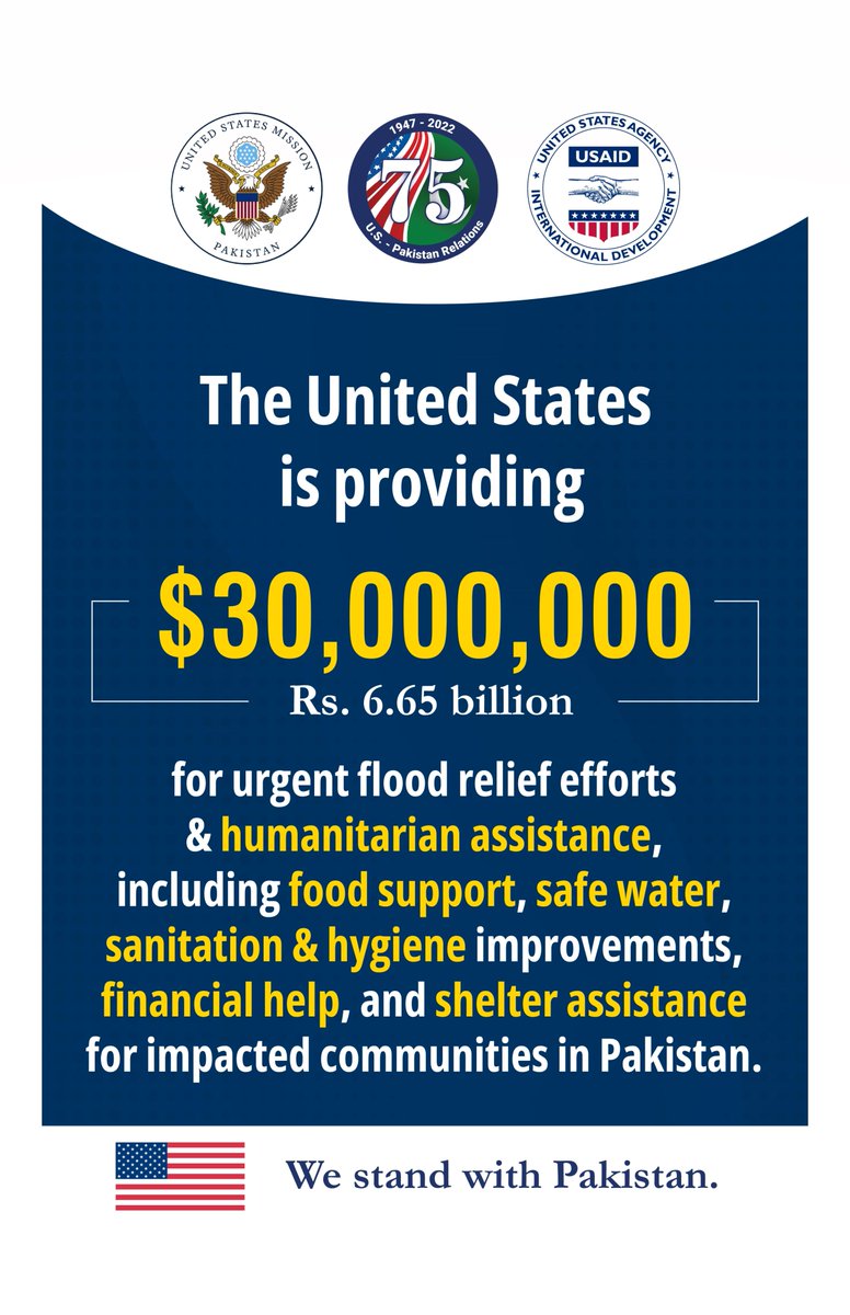 'The United States is deeply saddened by the devastation caused by flooding throughout Pakistan. Through @USAID, we will provide $30 million more in life-saving humanitarian assistance to those who have lost their loved ones, livelihoods, and homes.' -DB #AmbBlome 1/2