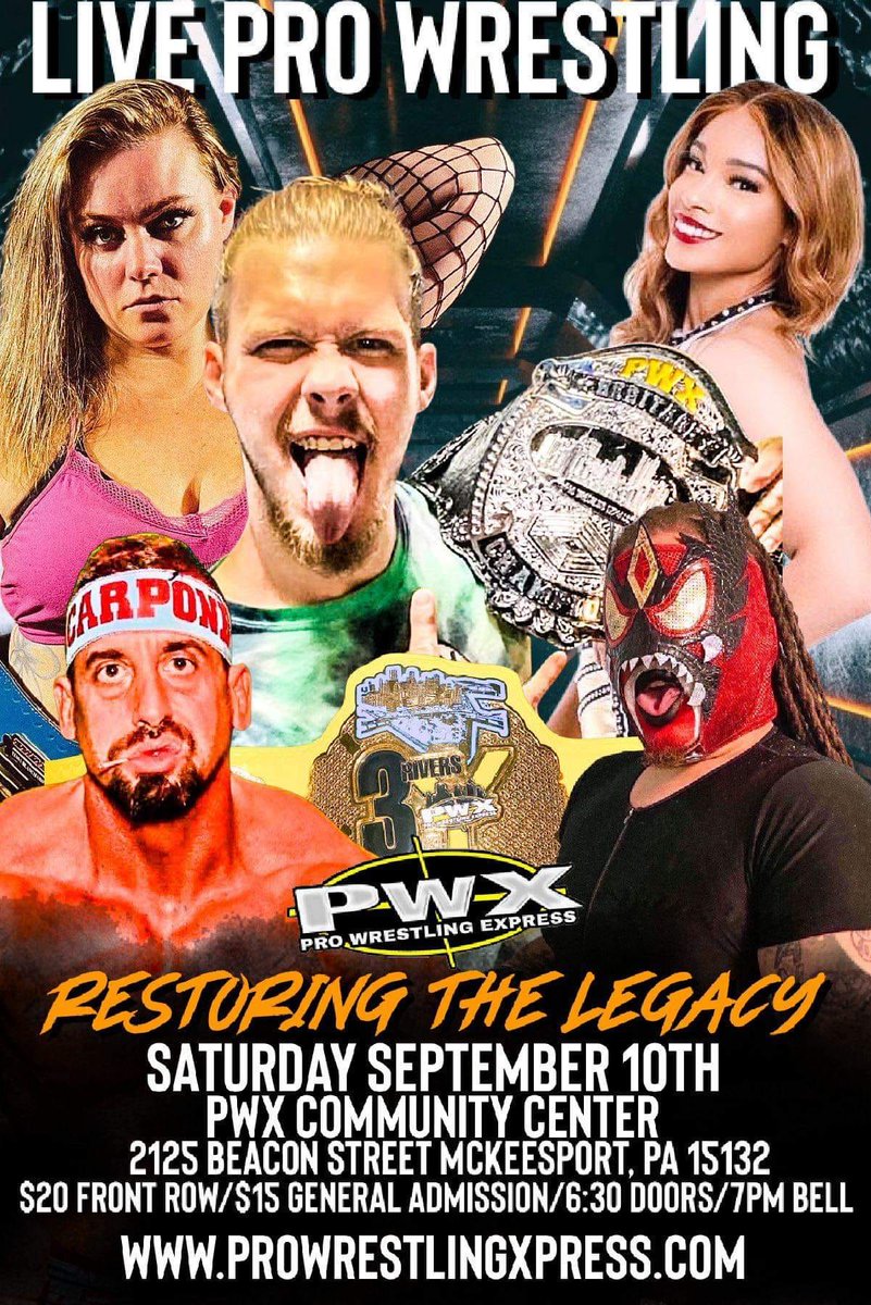 OriginalManic's tweet photo. Pro Wrestling Express presents
"Restoring The Legacy"
September 10th 2022 
Bell Time: 7:00 
PWX Community Center
2125 Beacon St.
McKeesport, PA 15132
Get your tickets now.
https://t.co/xbtfA4NqmD https://t.co/lLmMj17AOo