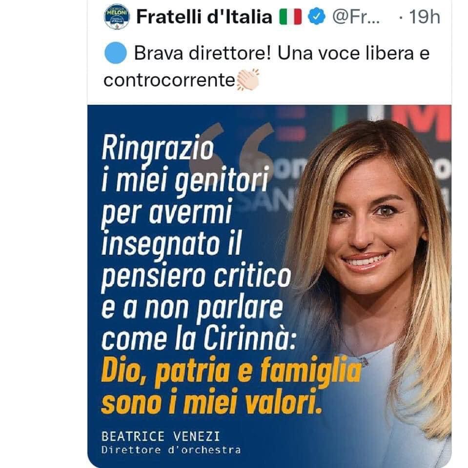 MonicaCirinna's tweet photo. Ringrazio la direttrice (anzi il direttore, non vorrei si offendesse!) @BeatriceVenezi e @FratellidItalia per avere ricordato che loro si rifanno agli stereotipi patriarcali del ventennio e noi, invece, no! https://t.co/Z5kGgYJ7Dr