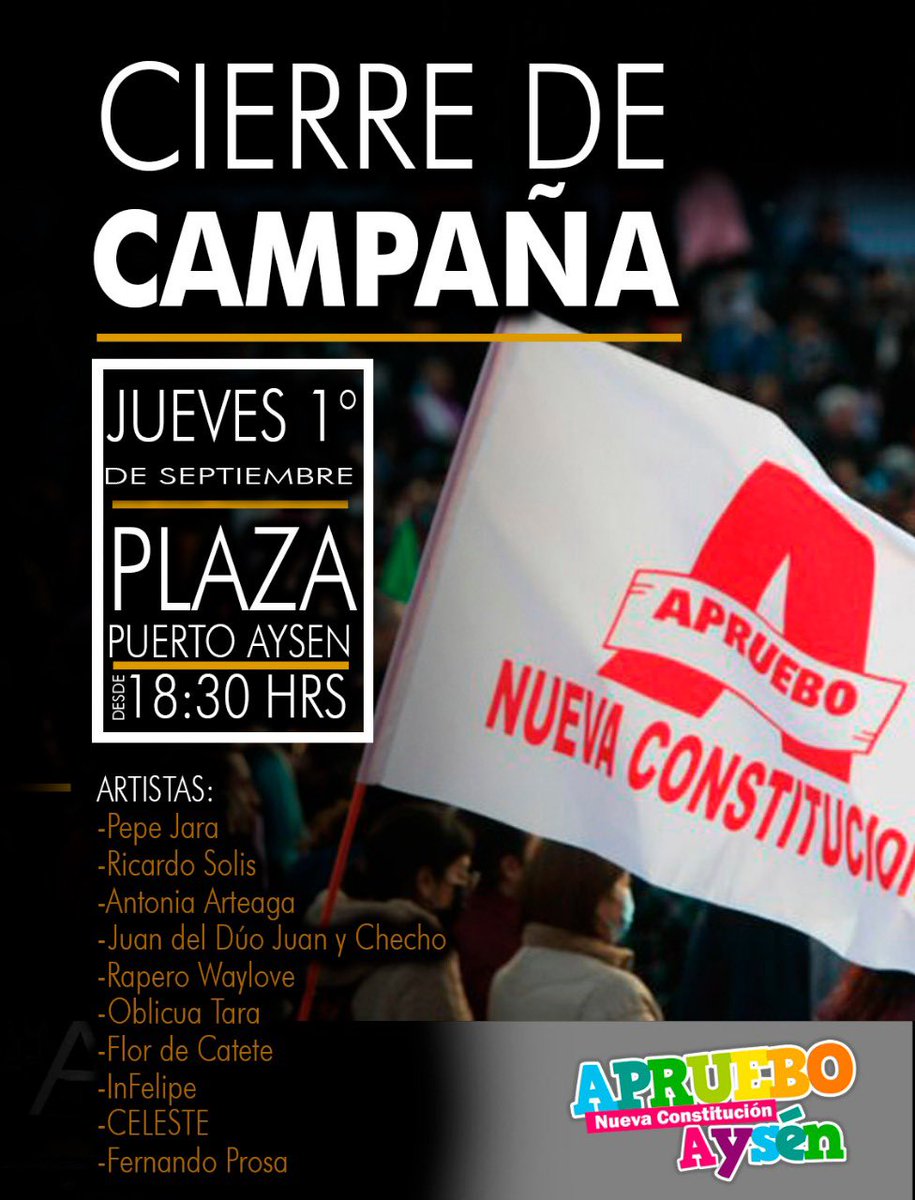 🥳 Partimos el día con esta invitación que nos realizan nuestr@s amig@s de #PuertoAysén 😳

Súmate al cierre de campaña por el #Apruebo este jueves 01/09 a las 18:30 hrs en la Plaza de la ciudad 😍😍

#apruebodesalida 
#apruebonuevaconstitución