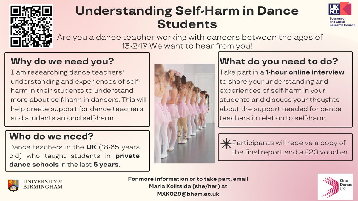Maria Kolitsida (she/her) (@mkolitsida) on Twitter photo We are looking for Dance Teachers to participate in a research project to explore their understanding and experiences of self-harm in their students. Scan the QR Code for more details and/or email MXK029@bham.ac.uk with any questions or to take part. We are looking for Dance Teachers to participate in a research project to explore their understanding and experiences of self-harm in their students. Scan the QR Code for more details and/or email MXK029@bham.ac.uk with any questions or to take part.