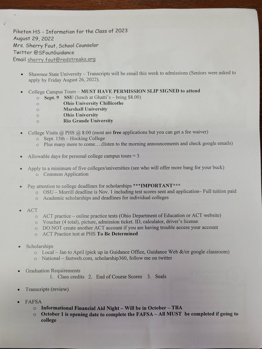 SFoutGuidance's tweet photo. Happy senior year class of 2023! I met with the seniors at the high school yesterday and we covered many topics. Check out the attachments and ask your senior about the items. It's a great day to be a Piketon Redstreak! @jreuterphs @owens_daryl @coreno_math @EnglishHurst https://t.co/Nfuc6WaRtA