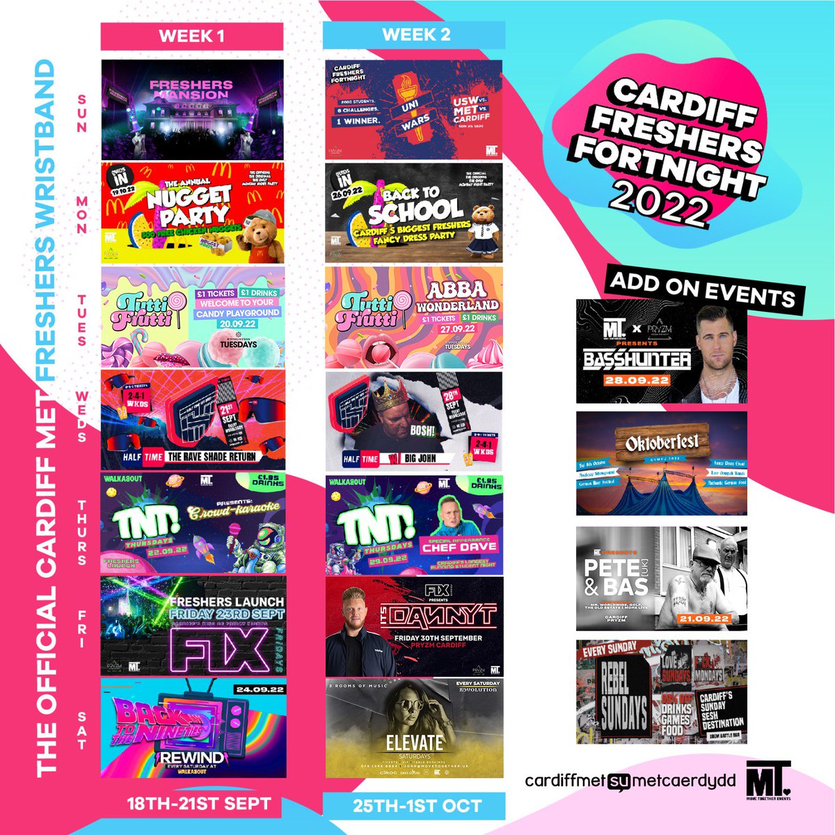 Your official Cardiff Met Freshers Wristband line up! 🤯
 
Get your wristband now starting at just £20 for all these events - that works out less than £1.50 per event. 

Without a wristband each of these events can cost up to £10 on the door.

🎉 BUY NOW: cardiffmetsu.co.uk/freshers
