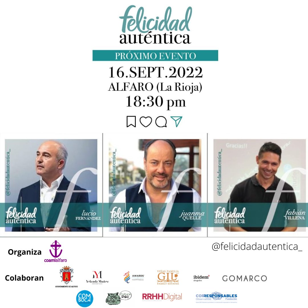 ¡Entramos en la recta final!. No te quedes sin tu entrada
📆 16 de septiembre
⏰ 18:30
📍 Sala Florida de Alfaro (La Rioja)
✨Consigue tu ¡ENTRADA GRATUITA! 
eventbrite.es/e/entradas-iv-…

#felicidadautentica #TerritorioFelicidad #positivismointeligente #AyuntamientoAlfaro