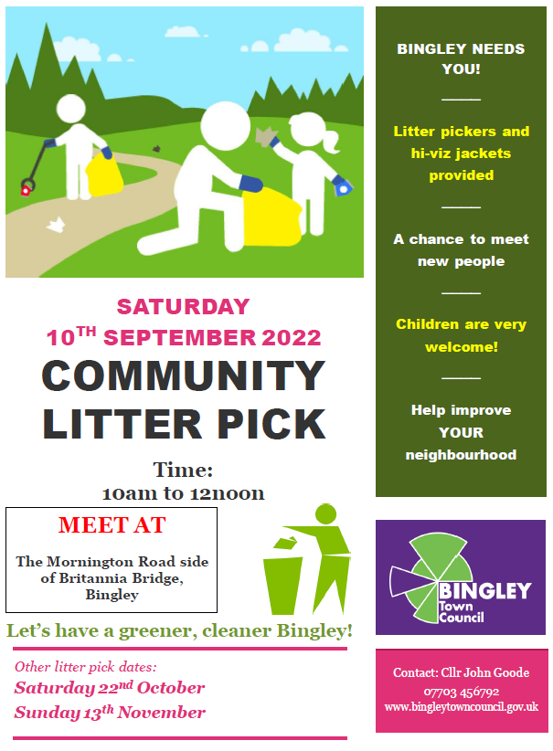 Community Litter Pick
Saturday 10th September at Britannia Bridge
10am to 12pm
Everyone is welcome to join in at our next litter pick event.
<a href="/bradfordmdc/">Bradford Council</a> #Bingley #Bradford #GreenandClean #Litterpick #community