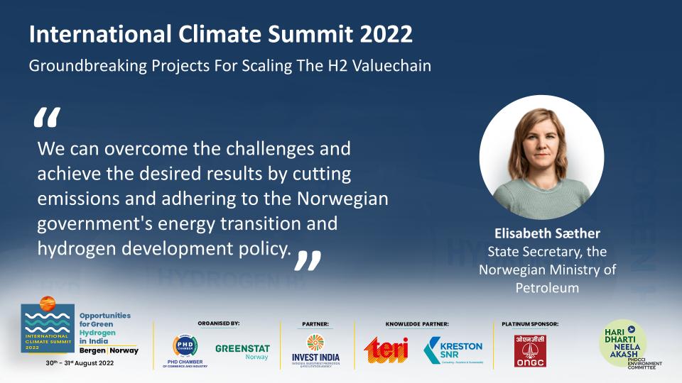 Elisabeth Sæther, State Secretary, the Norwegian Ministry of Petroleum sharing his insights in the Ground-breaking projects for scaling the H2value chain at the International Climate Summit 2022

#GreenPlanet #ClimateChange #SaveOurPlanet #NoPlanetTwo #India #Norway #Summit