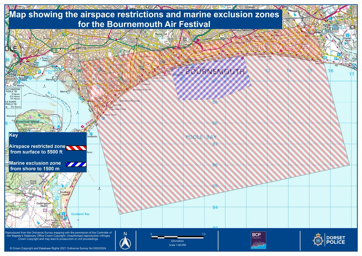 #LatestNews - Air and sea restrictions announced for Bournemouth Air Festival 🛩

The map shows the locations where members of the public can’t fly drones or travel into onboard marine pleasure craft.

Read more: bit.ly/3ctIyU2