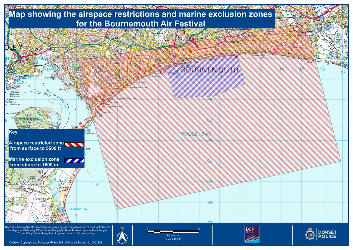 #LatestNews - Air and sea restrictions announced for Bournemouth Air Festival 🛩 The map shows the locations where members of the public can’t fly drones or travel into onboard marine pleasure craft. Read more: bit.ly/3ctIyU2