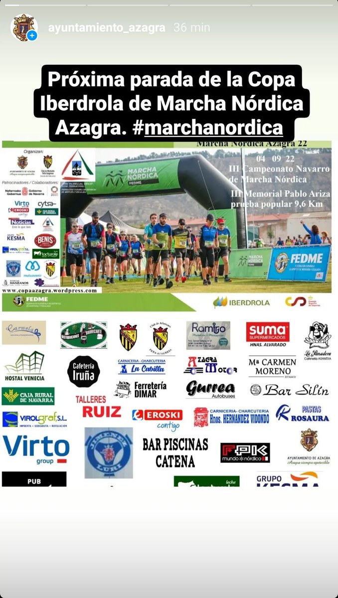 <a href="/AYTOAZAGRA/">Ayuntamiento Azagra</a>. Somos #marchanordica  #nordicwalking. Somos #Deporte. Somos #navarra. Somos #Ribera.
<a href="/MnFedme/">Marcha Nórdica FEDME</a> <a href="/MENDINAVARRA/">FED. NAVARRA MONTAÑA</a> <a href="/riberadenavarra/">Ribera Navarra</a> <a href="/Navarra/">Navarra.es</a> <a href="/DiariodeNavarra/">Diario de Navarra</a> <a href="/NoticiasNavarra/">Diario de Noticias</a>