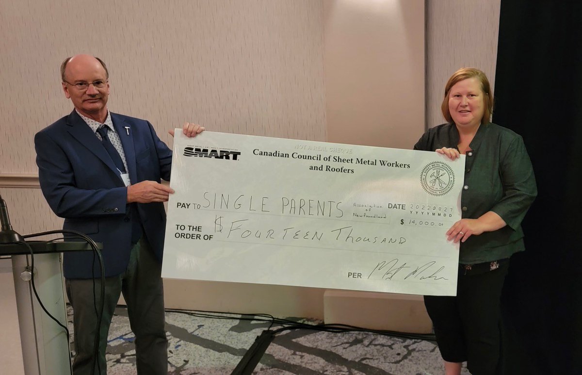 Huge thanks to the Canadian Council of Sheet Metal Workers and Roofers, and to the Local 512 Sheet Metal Workers who donated $14,000 in support of our single parent families.  The funds were presented during their national conference on August 27, 2022.