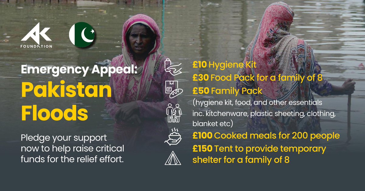 #Pakistan has declared a national emergency after violent floods have caused more than 1,000 deaths and £8.5bn worth of damage. 

Our team is on the ground right now providing critical relief for the millions affected. 

Pledge your support now: justgiving.com/campaign/pakis…