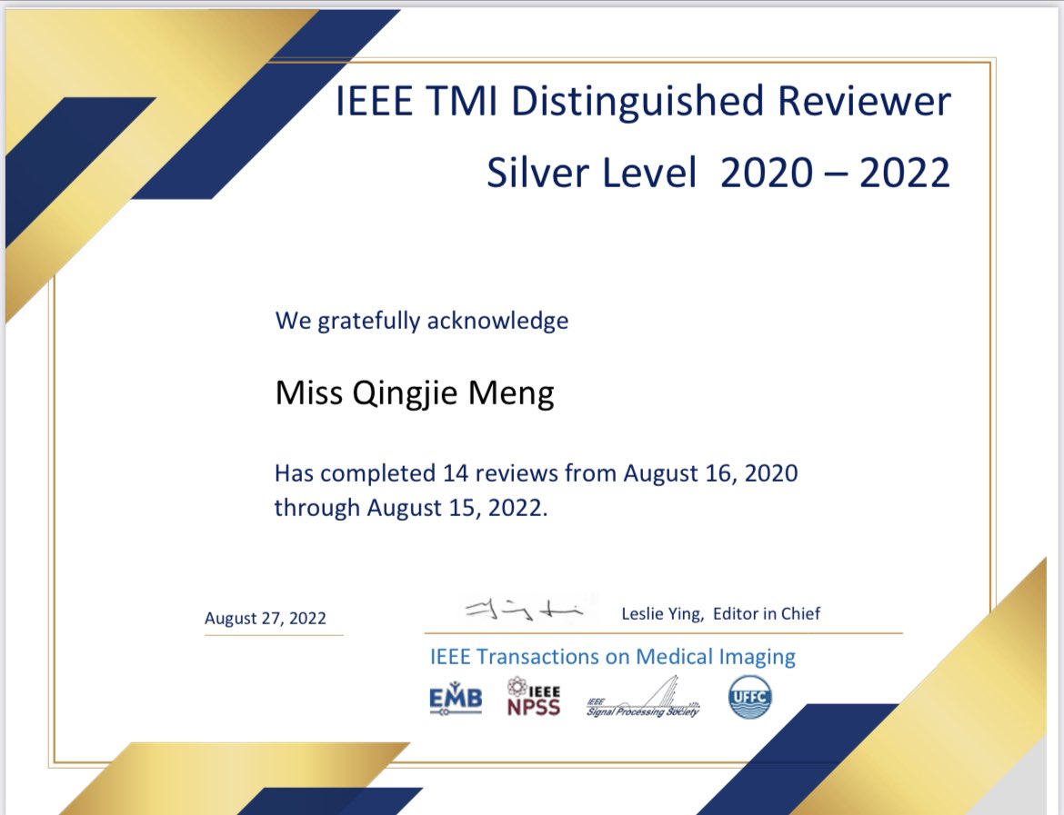 qmeng99's tweet photo. Proud of receiving this Distinguished Reviewer Certificate from IEEE Transactions on Medical Imaging @IEEE_TMI 🤩 https://t.co/yKTPFC9ClP