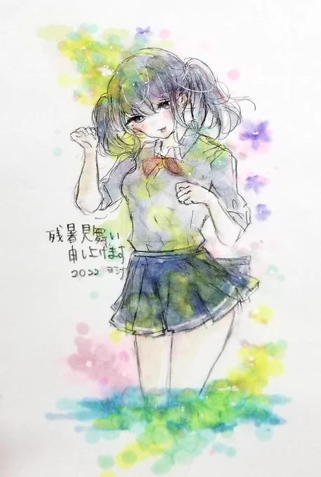 夏らしい鹿島ちゃん残暑見舞い描きました!!ファミマでネップリもしております!!!印刷めちゃ綺麗でした!!!#艦これ#鹿島#ネップリ 