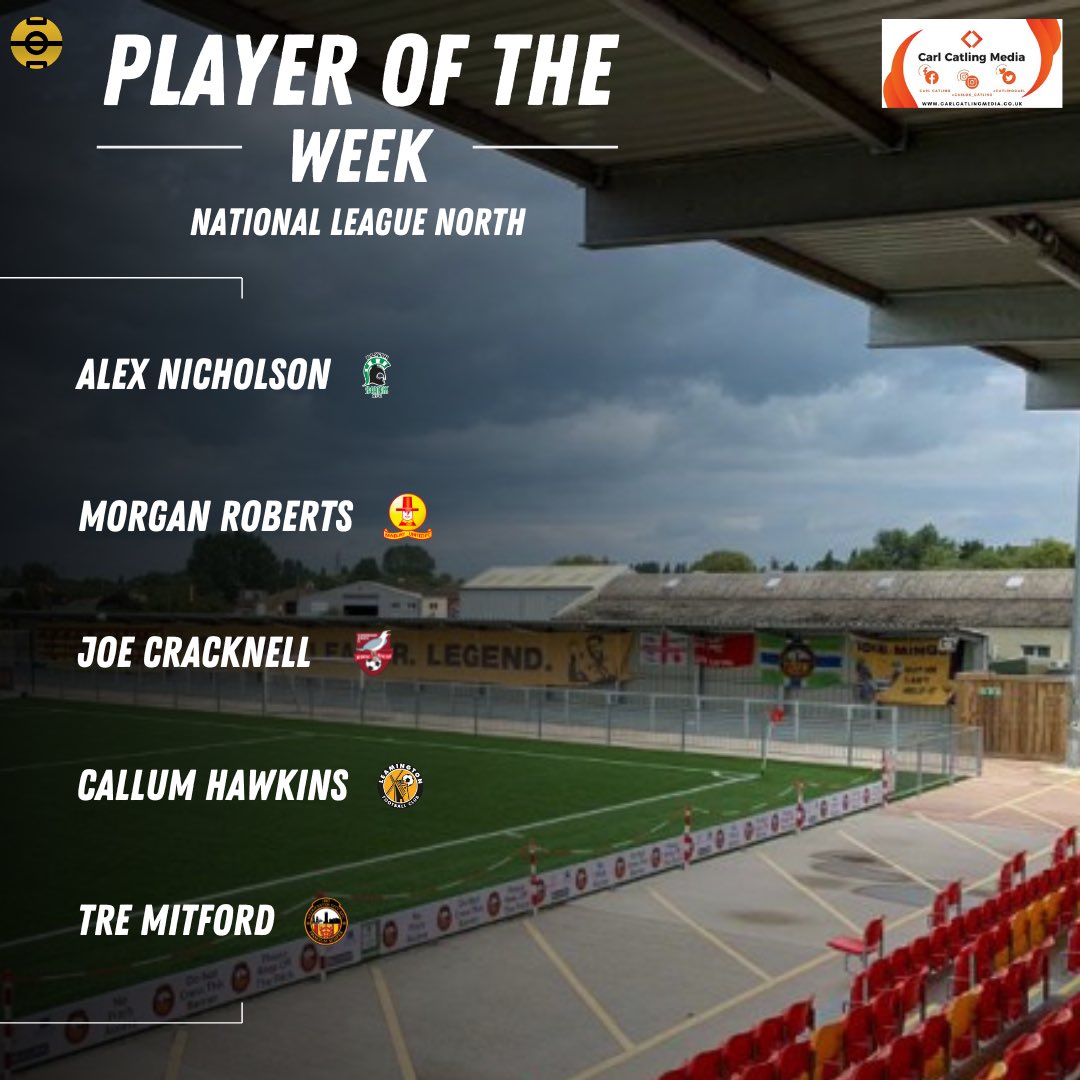 NL_Bible's tweet photo. Here are our National League North POTW Nominees
—
Simply tag or comment your chosen nominee below to vote
—
Sponsored by @CatlingCarl
—
@Blyth_Spartans @BanburyUnitedFC
@safc @LeamingtonFC @GCAFCofficial
—
#nonleague #nonleaguefootball #nationalleaguenorth https://t.co/crk1jgTQIV