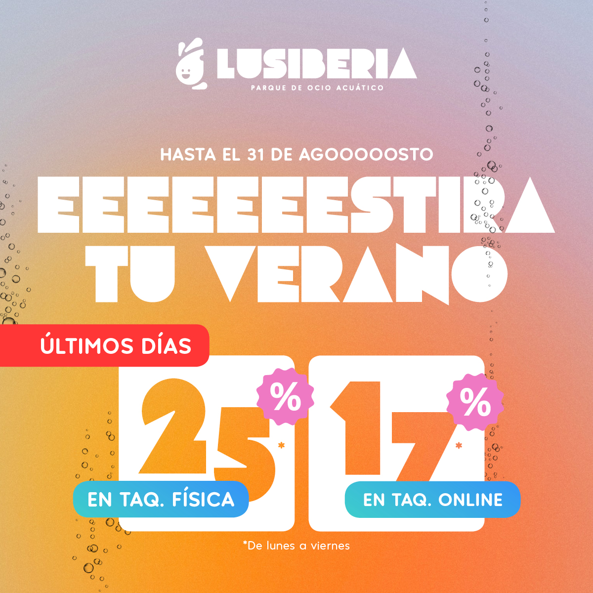 🎟️ Recordamos nuestro descuento activo hasta el 31 de agosto.☀️
¡Disfruta de tu verano! 💦

👉 25% de descuento en taquilla física.
👉 17% de descuento en taquilla online.
*Válido hasta el 31 de agosto.
*Válido de lunes a viernes.

#ParqueAcuatico