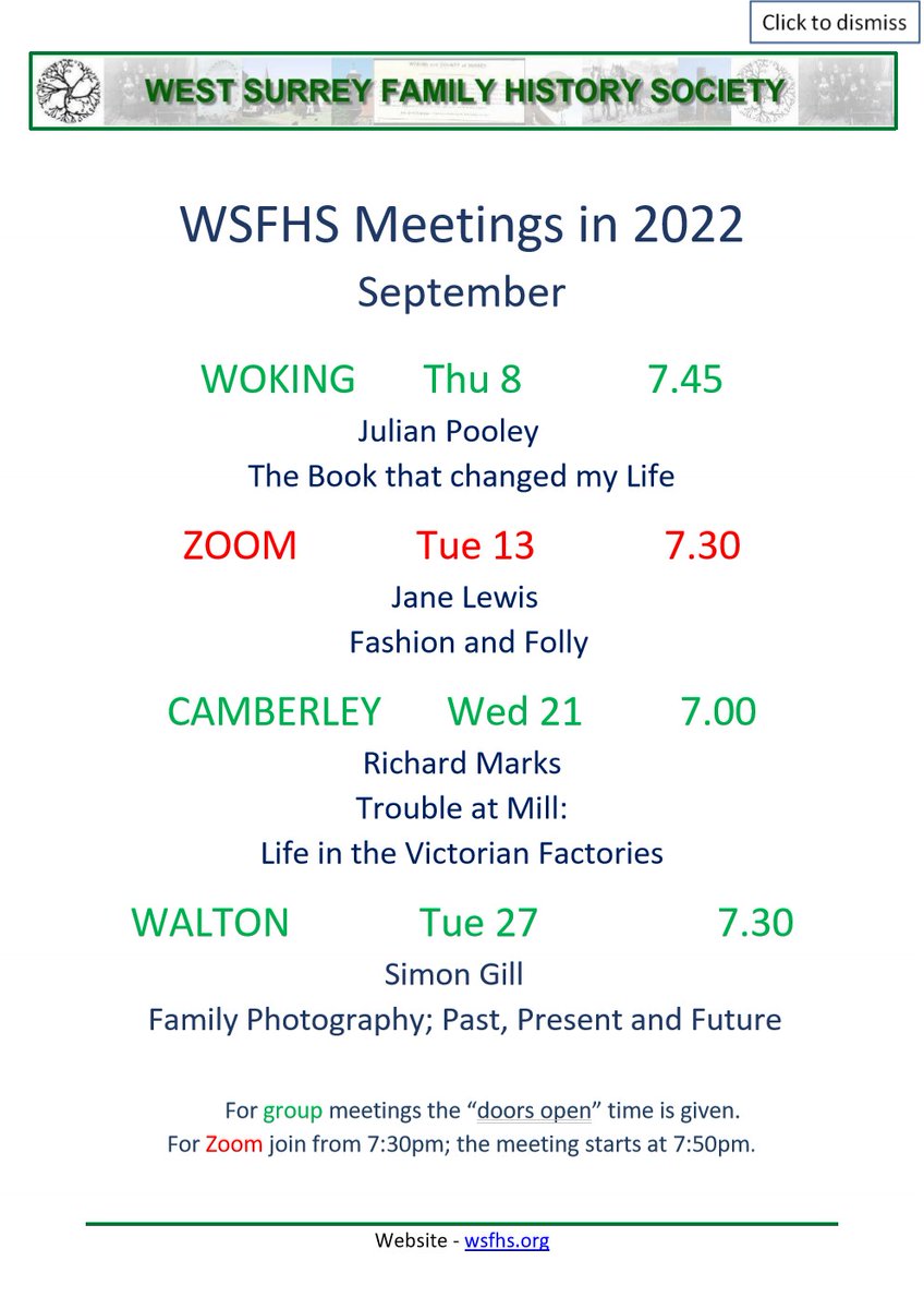 All our meetings for September.  Unfortunately, the zoom meeting is for members only.  Feel free to attend any in-person meetings, you will be most welcome. Further details of venues can be found here: wsfhs.co.uk/pages/meetings…
