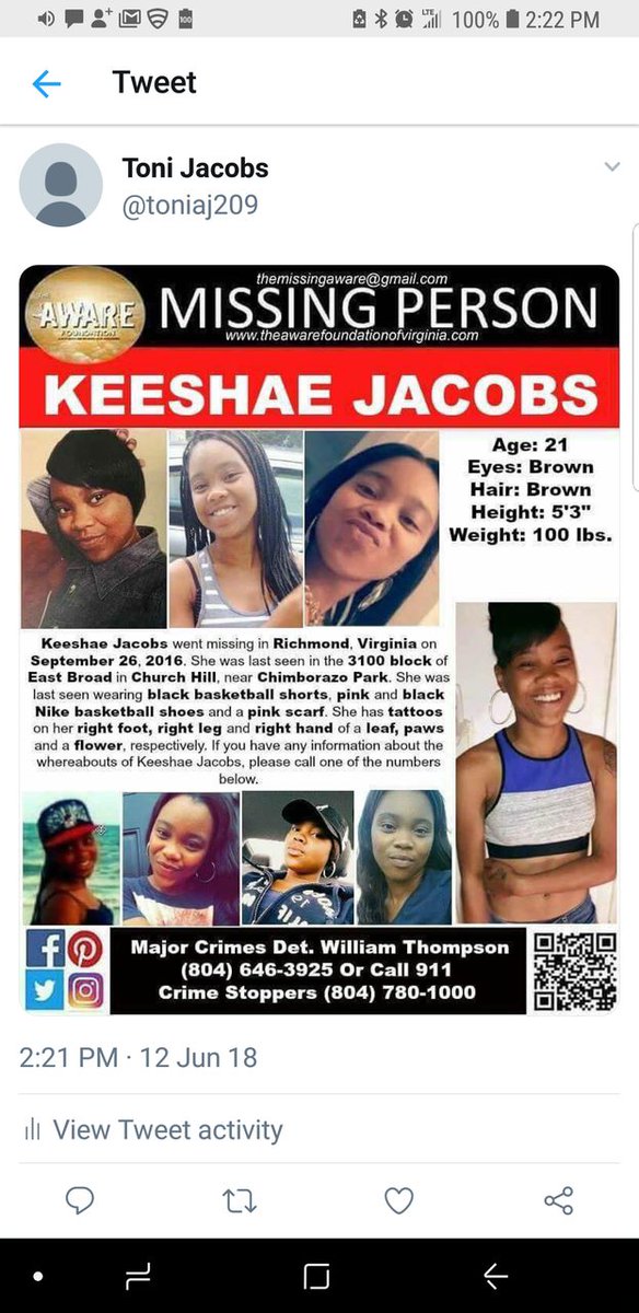 Keeshae Jacobs Is A 27 Year Old Female Missing From Richmond Virginia!!Urgent Communication: Keeshae Jacobs Last Seen 9/26/2016 At The Age Of 21. ANY INFO Contact The Richmond City Police at 1-804-780-1000. PLEASE HELP BRING KEESHAE JACOBS HOME!!!