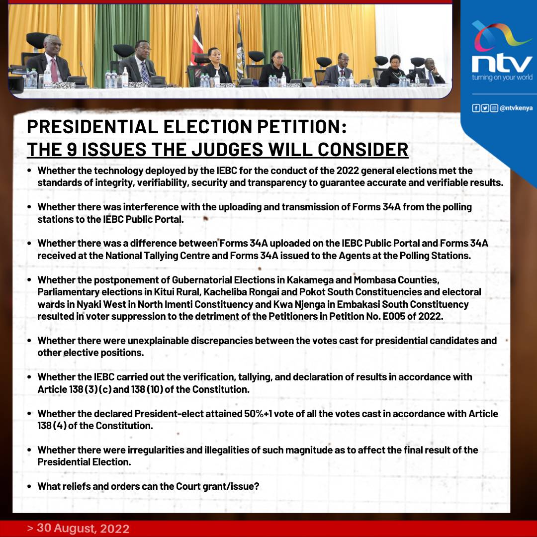 ntvkenya's tweet photo. Presidential Election Petition: The 9 issues Supreme Court Judges will consider https://t.co/HCmMF2sAZW