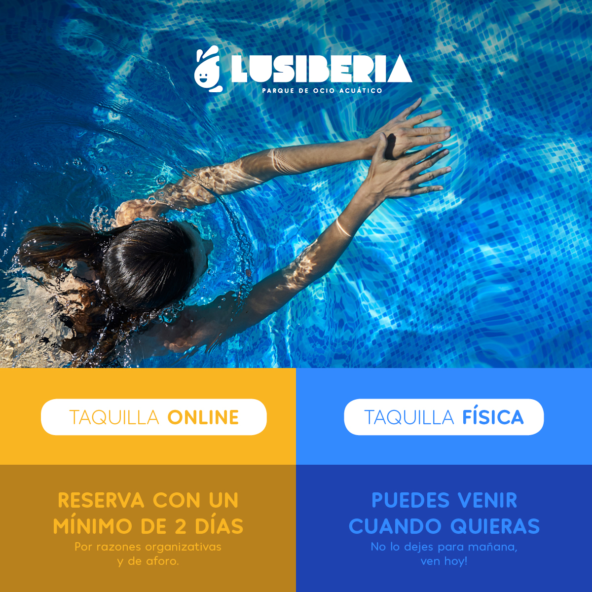 ⚠️ Recordatorio ⚠️
¿Quieres terminar el verano de la mejor forma? 🍹⛱

¡Ven a pasar el día a #Lusiberia!☀️💦
🚨Recuerda que en taquilla online tienes que comprar tu entrada con dos días de antelación, pero en taquilla física EN EL MISMO DÍA puedes adquirir tu entrada