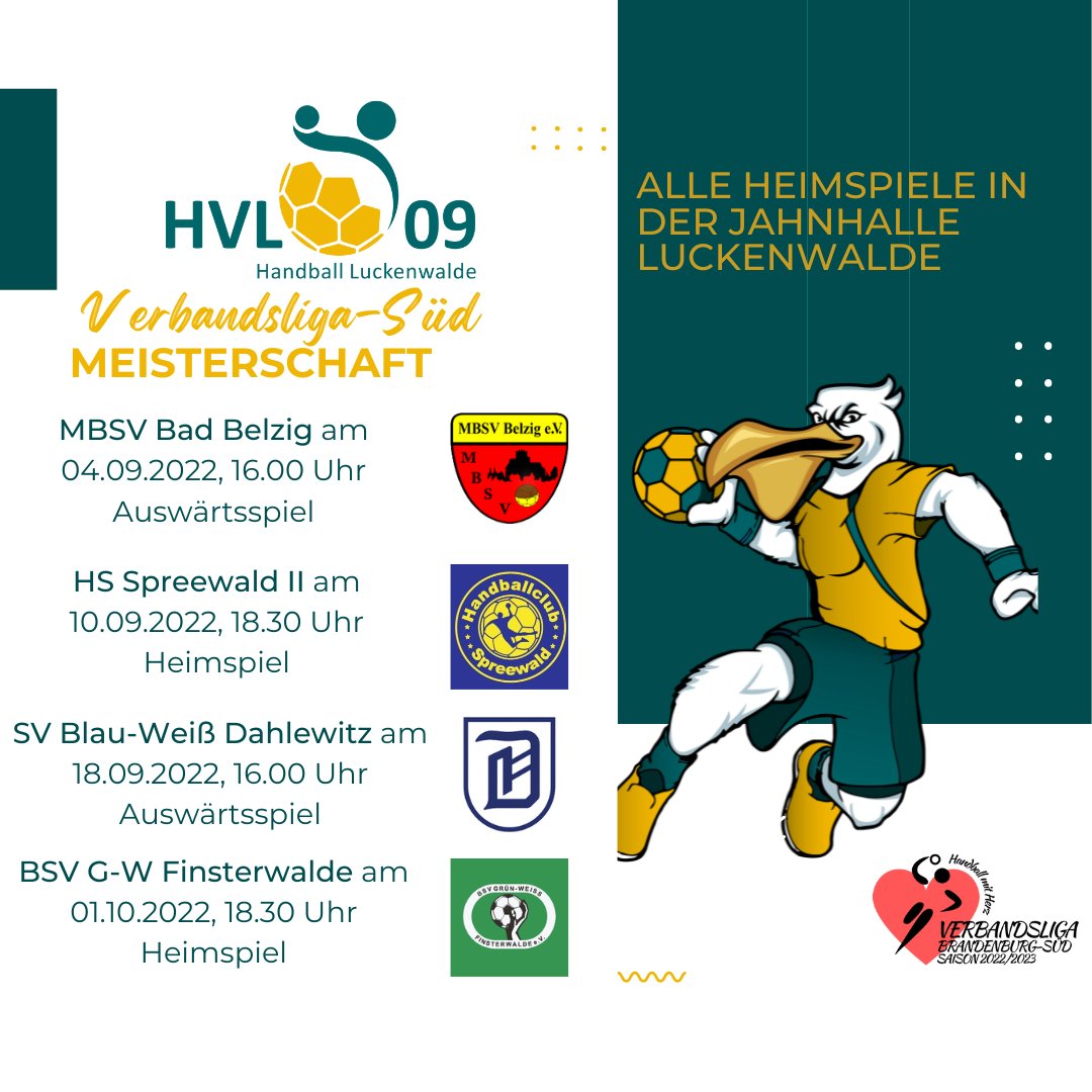 HVL09's tweet photo. Die neue #Saison beginnt für uns am 04.09.2022 ab um 16.00 Uhr in der #Baurhalle in #BadBelzig gg. den #MBSV_Belzig. Eine kleine Spielübersicht über die ersten Spieltage haben wir beigefügt. Der Saisonbeginn hat es in sich und auf uns warten anspruchsvolle Aufgaben! #hvl #hvl09 https://t.co/TWxjTU3R99