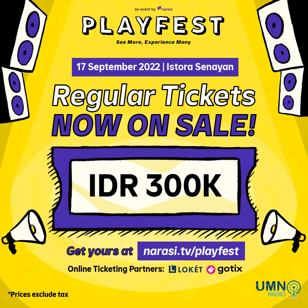 UMNRADIO's tweet image. Here’s our second phase line up! &amp;amp; Regular Tickets are NOW ON SALE!!! 📣✨

17 September 2022 di Istora Senayan. Save your spot now at narasi.tv/playfest.
Kamu juga bisa beli tiketnya di @loketcom dan @gotix.id, ya! 🤩 | Playfest

#Playfest2022 #ReactivateYourSense
