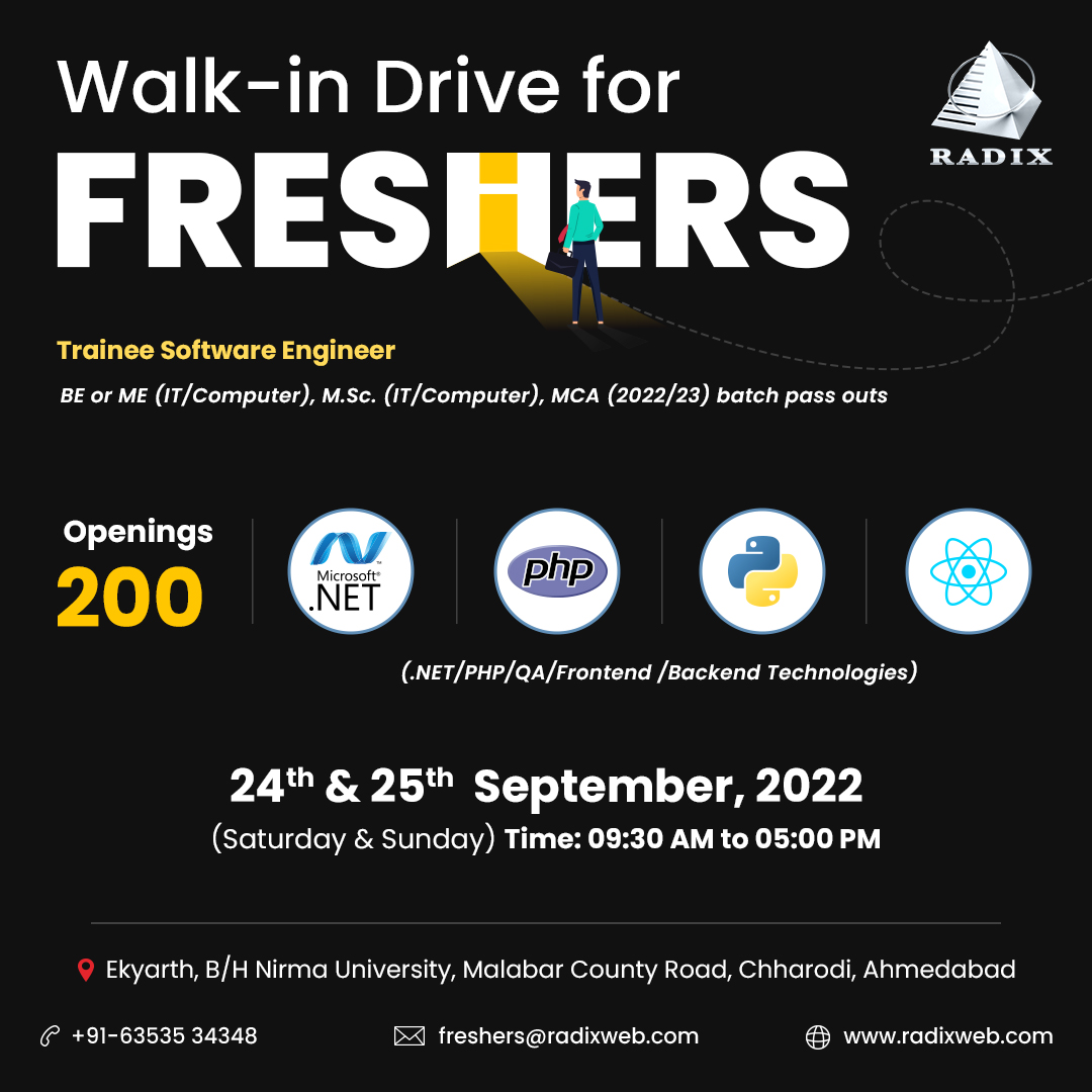 radixweb's tweet photo. We are opening the doors for IT freshers who have the zeal and passion to curate a challenging career in software domain.

Come join our awesome squad of 650+ skilled minds and take your career to new heights with #Radixweb!
#hiring #freshershiring #walkindrive #hiringnow https://t.co/fr9Oi63Dna