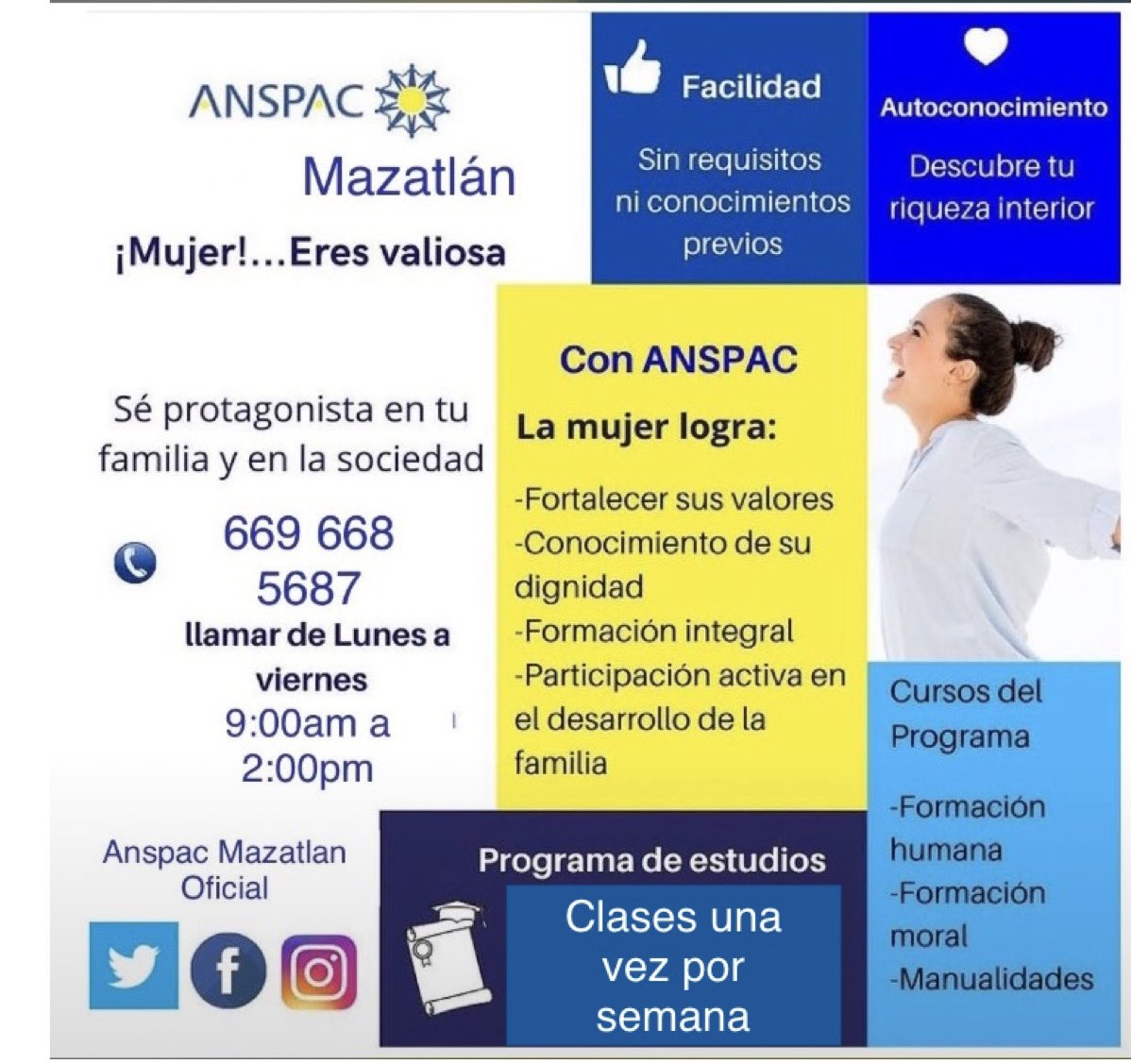 AnspacMazatlan's tweet photo. Comenzamos la semana del 5 de septiembre 📖
Te interesa ser #MujerAnspac ?
Ponte en contacto con nosotros📞
Eres parte de #AnspacMazatlan?
Invita a alguien al #ProgramaMujerAnspac
#túlatesfuerte
#SoyMujerAnspac
#SomosAnspac
#Anspac https://t.co/H8ZZJLm4lX
