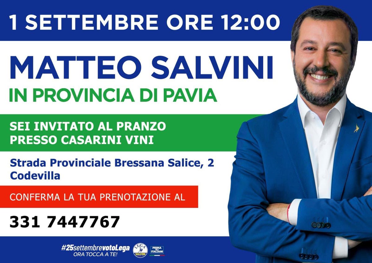 ElenaLucchini's tweet photo. 🔔 MATTEO #SALVINI IN #OLTREPÒ PAVESE
Pranzo con Matteo Salvini a #Codevilla presso Casarinivini
👉 Per info e prenotazioni 331 7447767
#Credo
#25settembrevotoLega
#provinciadiPavia
#OltrepòPavese https://t.co/tW6xzgcRBy