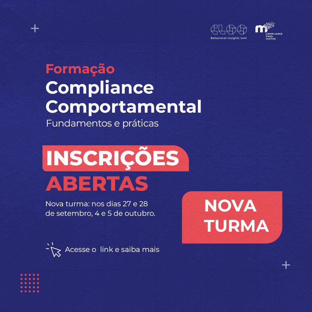 É com alegria que anunciamos a NOVA TURMA da nossa Formação de Compliancae Comportamental - Fundamentos e Práticas, com 10 HORAS de duração.

Datas: 27 e 28 de setembro, 4 e 5 de outubro

Para saber mais sobre a Formação, basta acessar: ow.ly/kCKz50KvAHP